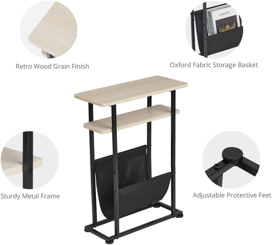 Slim Oak Side Table with Magazine Holder & Adjustable Feet 18x42x55cm