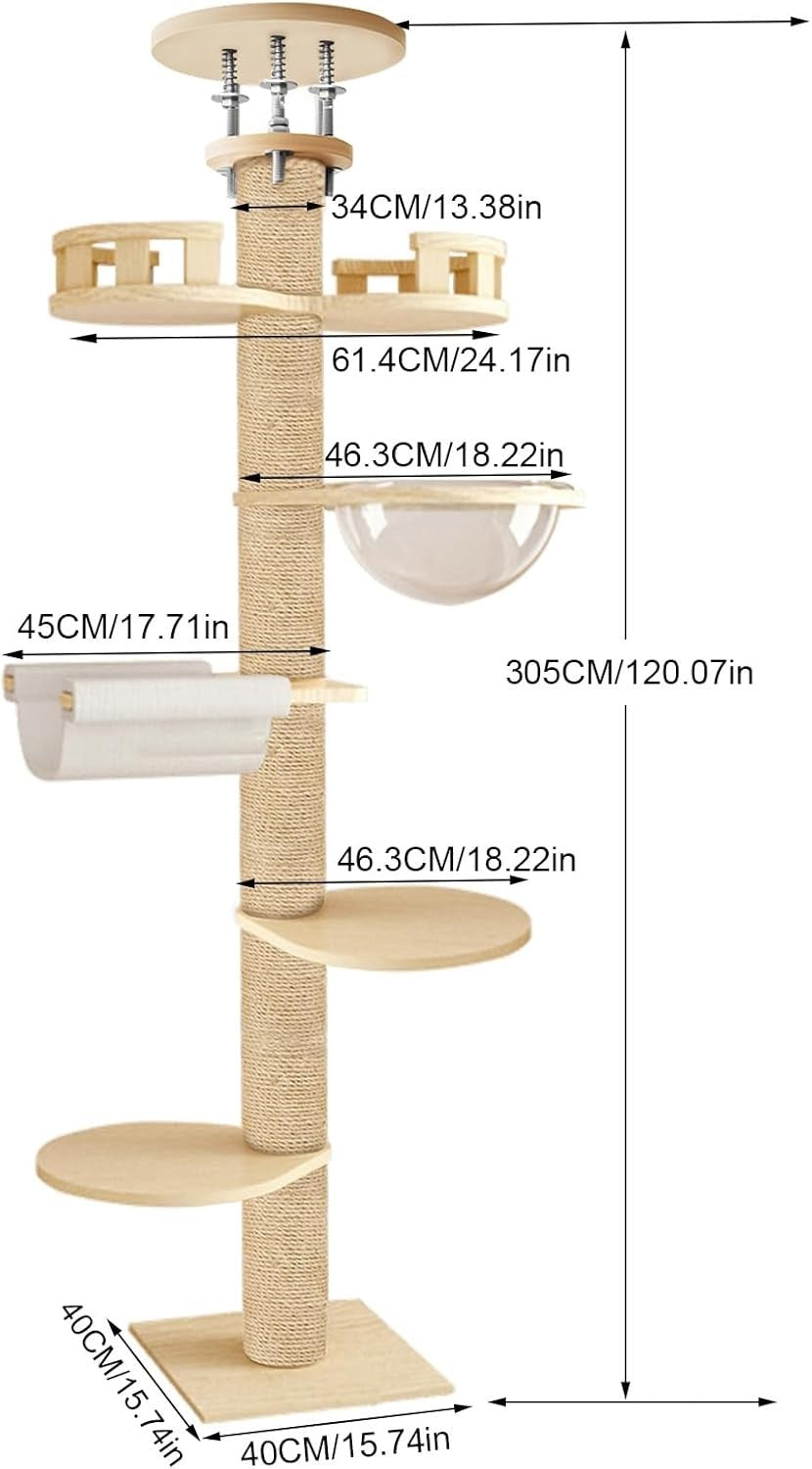 Floor to Ceiling Cat Tree 3m Adjustable 6 Tier Tower Hemp Scratching Post