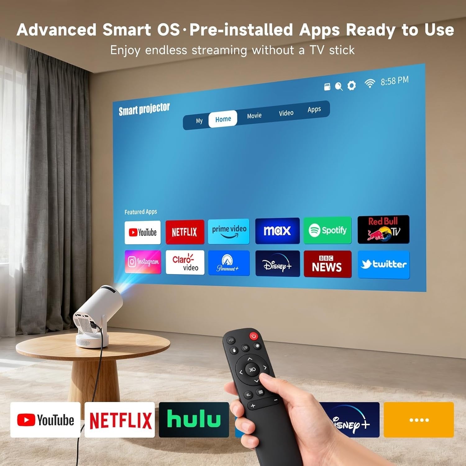 4K Smart Mini Projector Android 12 WiFi 6 Bluetooth Portable