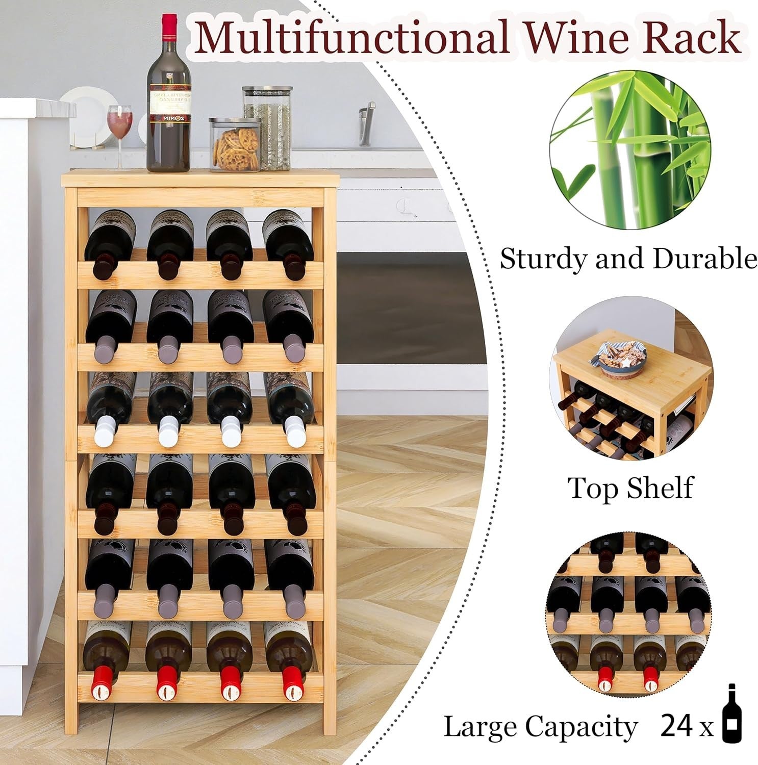 24 Bottle Wine Rack Freestanding 6 Tier Bamboo Storage Shelf