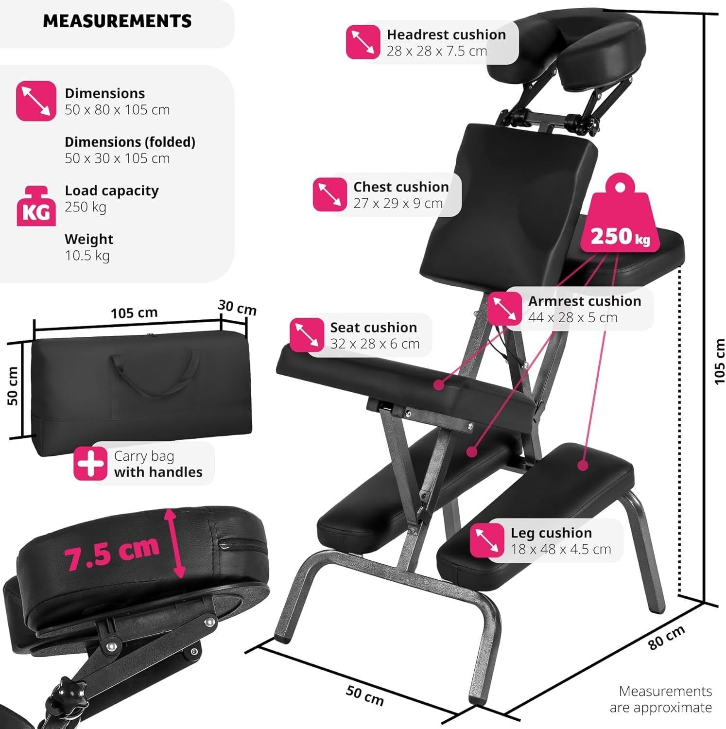 Adjustable Massage Chair Extra Thick Padding Foldable Portable 200kg Black