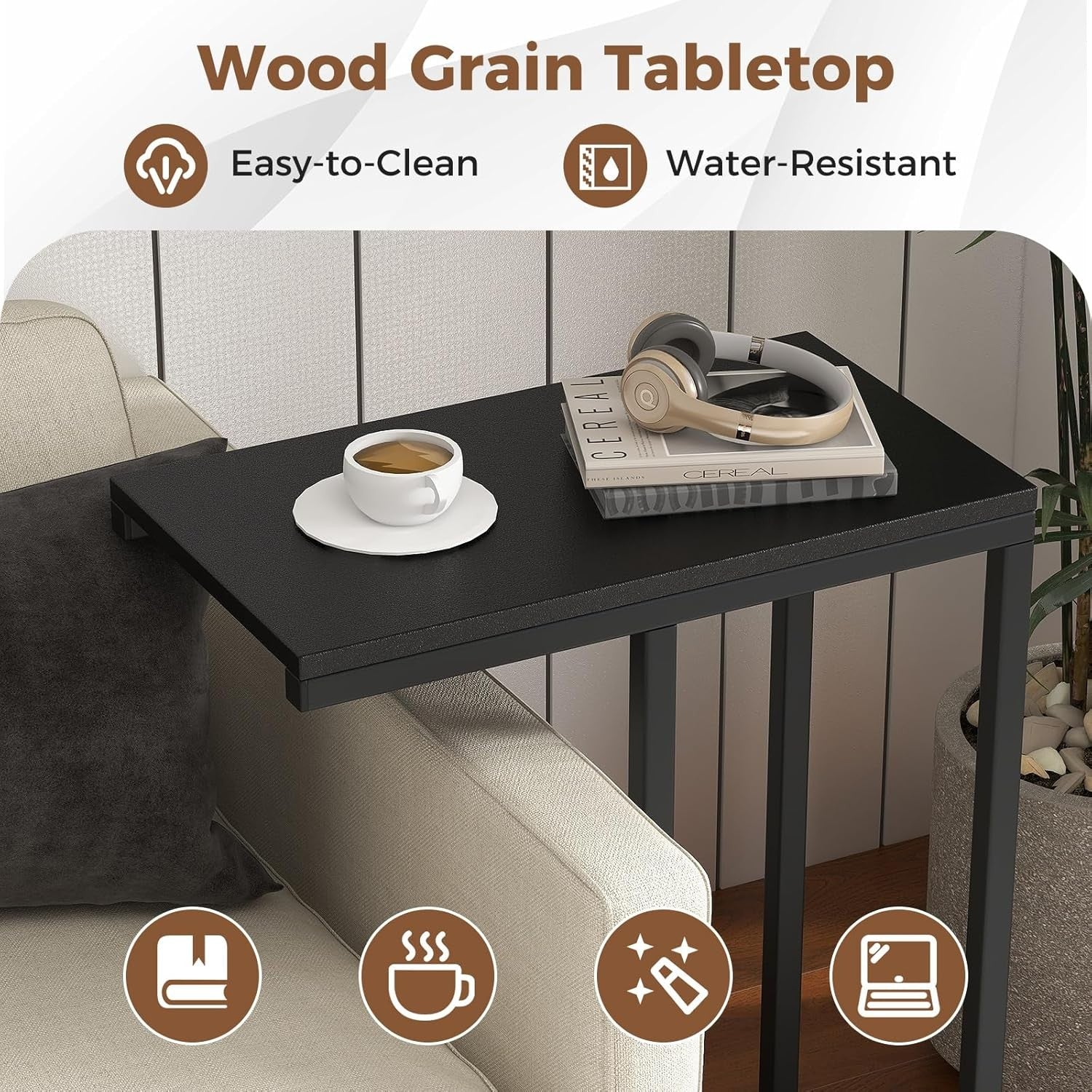 C-Shaped Side Table Black | Industrial Sofa Snack Laptop Table for Small Spaces
