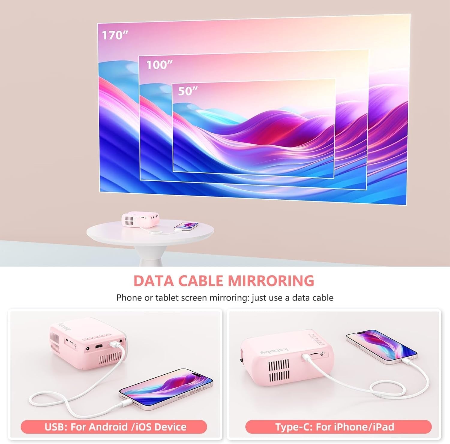 Mini Projector 1080P Portable Bluetooth 5.4 HDMI USB Phone Movie