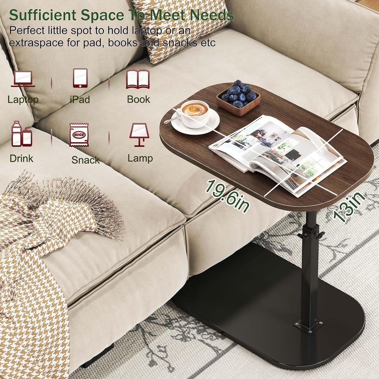 C Shaped Side Table Height Adjustable Swivel Laptop Desk Sofa Bedside Table