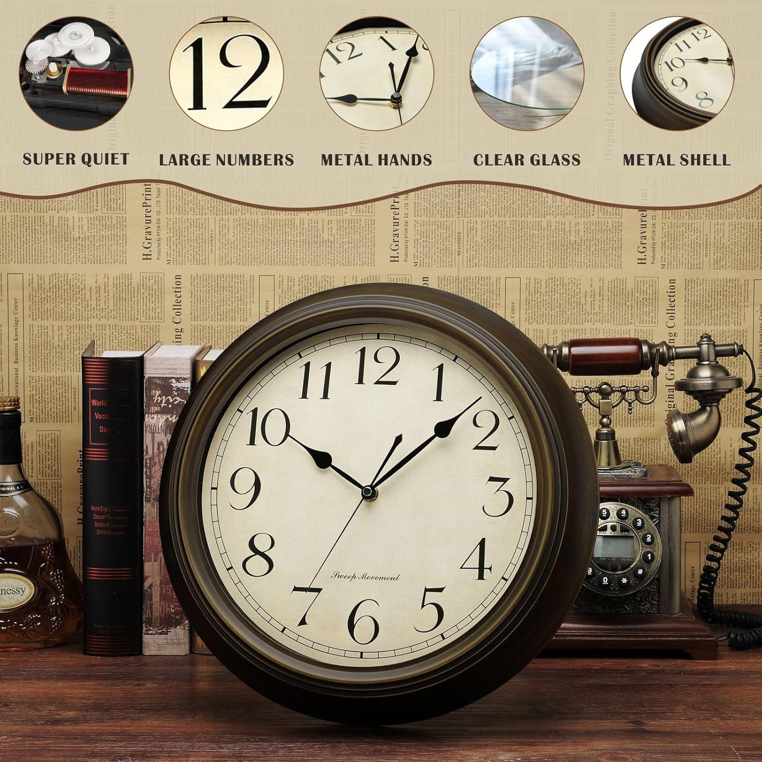 Retro Wall Clock 13" Silent Non-Ticking Classic Vintage Arabic Numerals Home