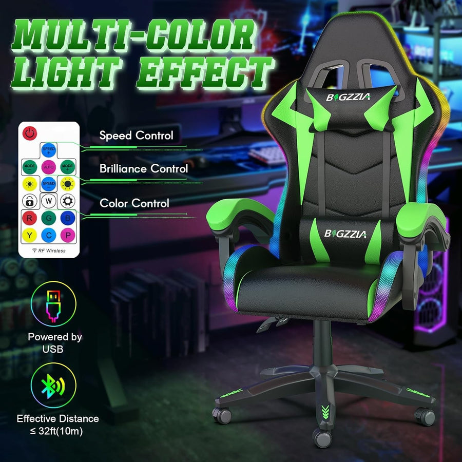Gaming Chair High Back Reclining Computer Desk LED Lights Ergonomic Swivel Green