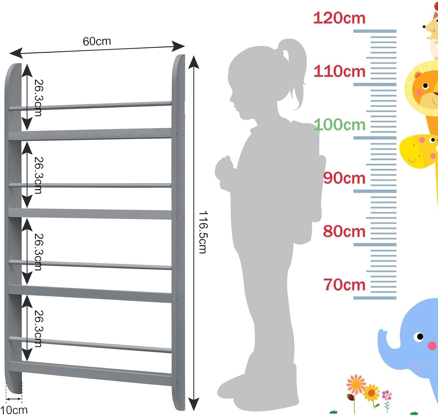 Modern 4-Tier Kids Bookshelf Wooden Storage Rack 117x60x10cm Grey