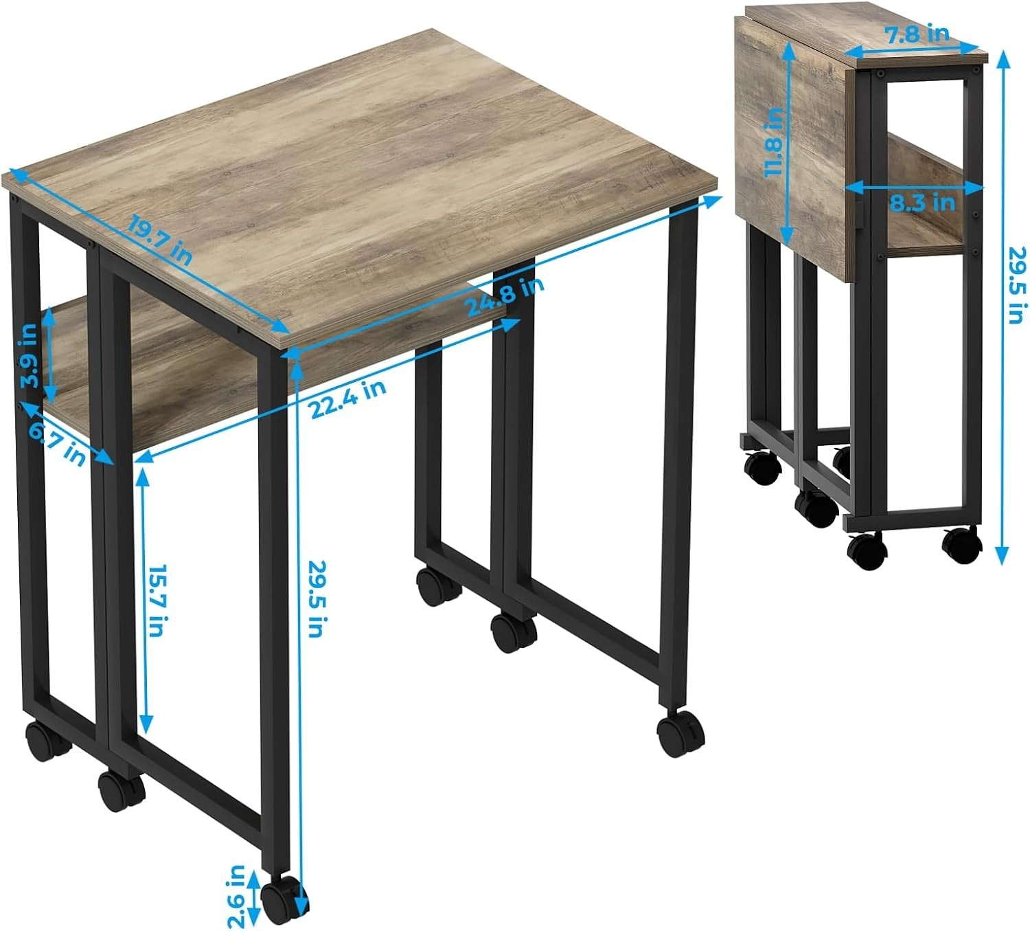 Small Folding Computer Desk on Wheels with Storage Shelf Space Saving