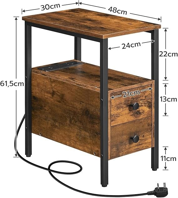 Narrow Rustic Bedside Table with Charging Station, USB Ports, 2 Drawers, Slim