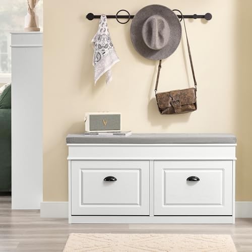 Compact Hallway Shoe Bench with Flip-Drawer Storage and Cushioned Seat White