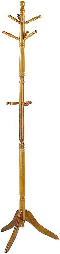 Solid Wood Coat Tree Stand with 9 Hooks | Freestanding Oak Finish Coat Rack