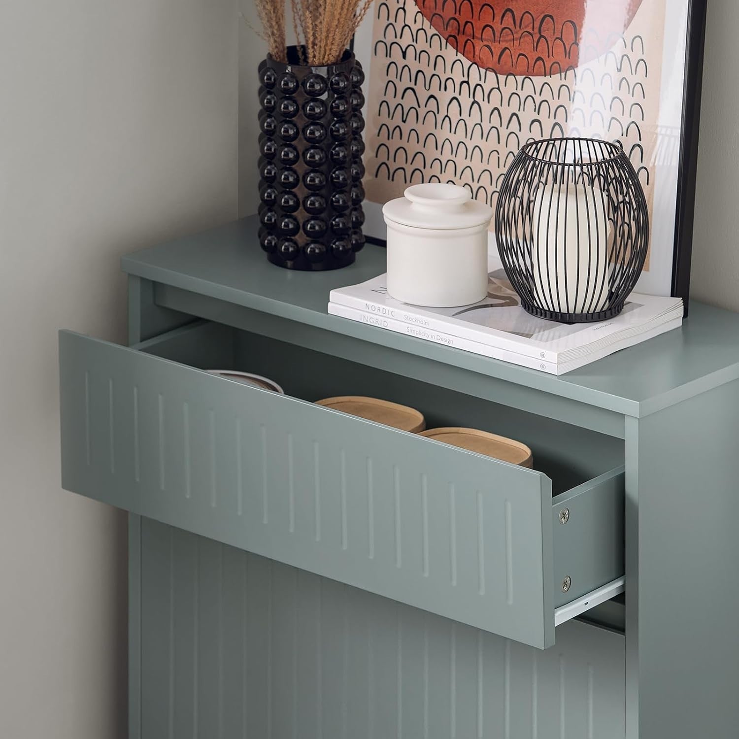 Slim Grey Shoe Storage Cabinet 2 Flip + 1 Pull-Out Drawer, Space Saver