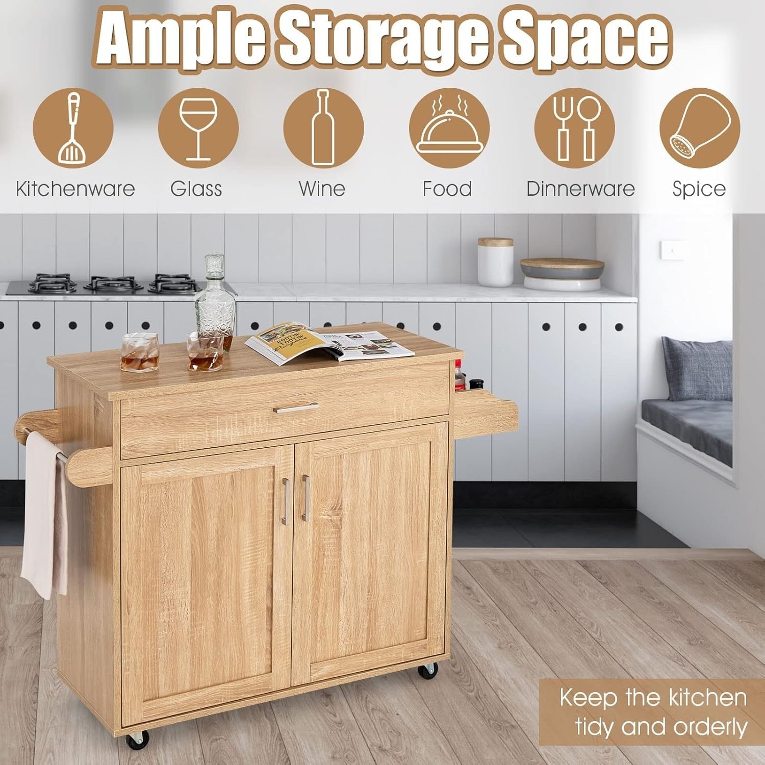 Large Kitchen Island Trolley Drawer Cabinet 116cm Natural