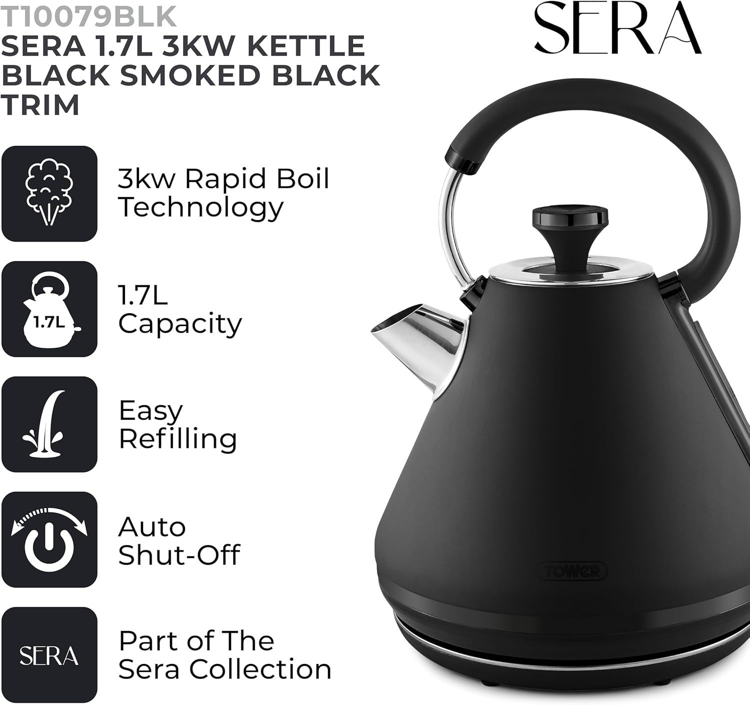 3000W Black Pyramid Kettle 1.7L Rapid Boil Cordless Retro Matte Finish