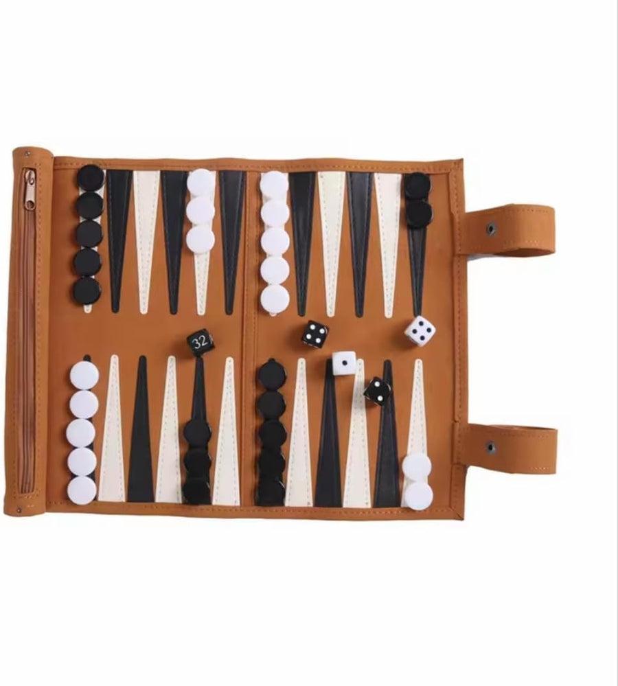 Portable Roll Up Backgammon Set Travel Board Game Faux Leather Case