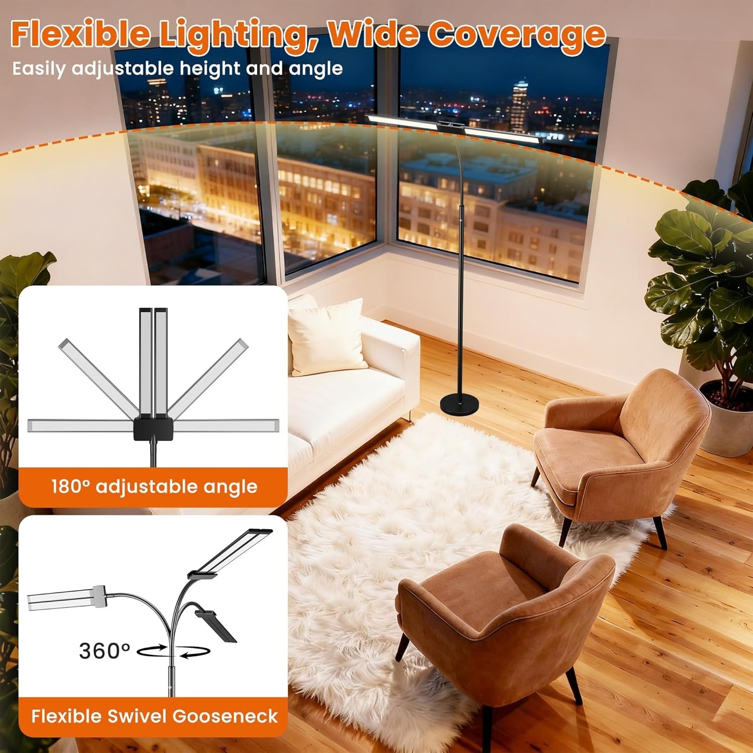 Cordless LED Floor Lamp Black Rechargeable Dual Head Dimmable Reading Light