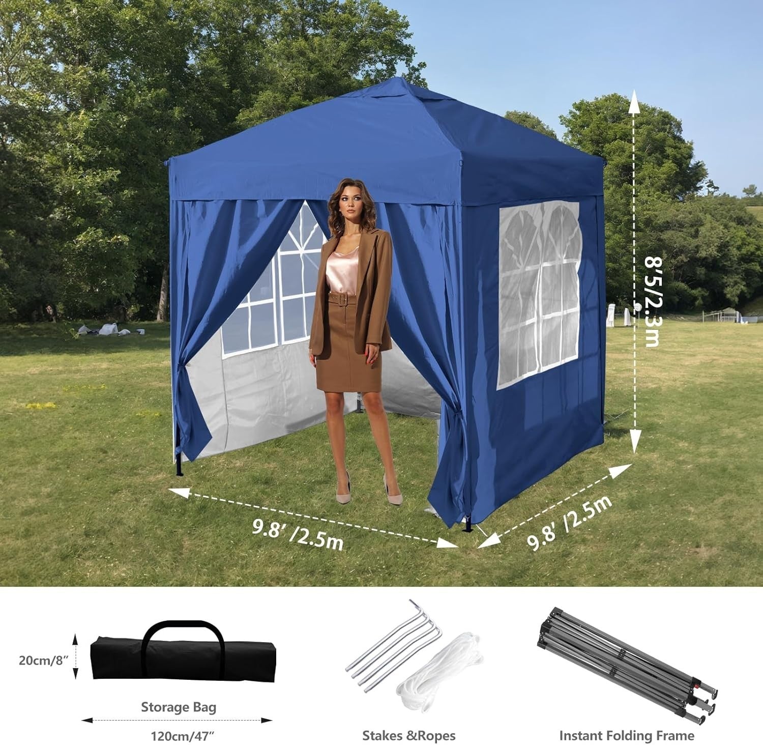 3x3M Blue Pop Up Gazebo with 4 Removable Sidewalls Waterproof Outdoor Party Tent
