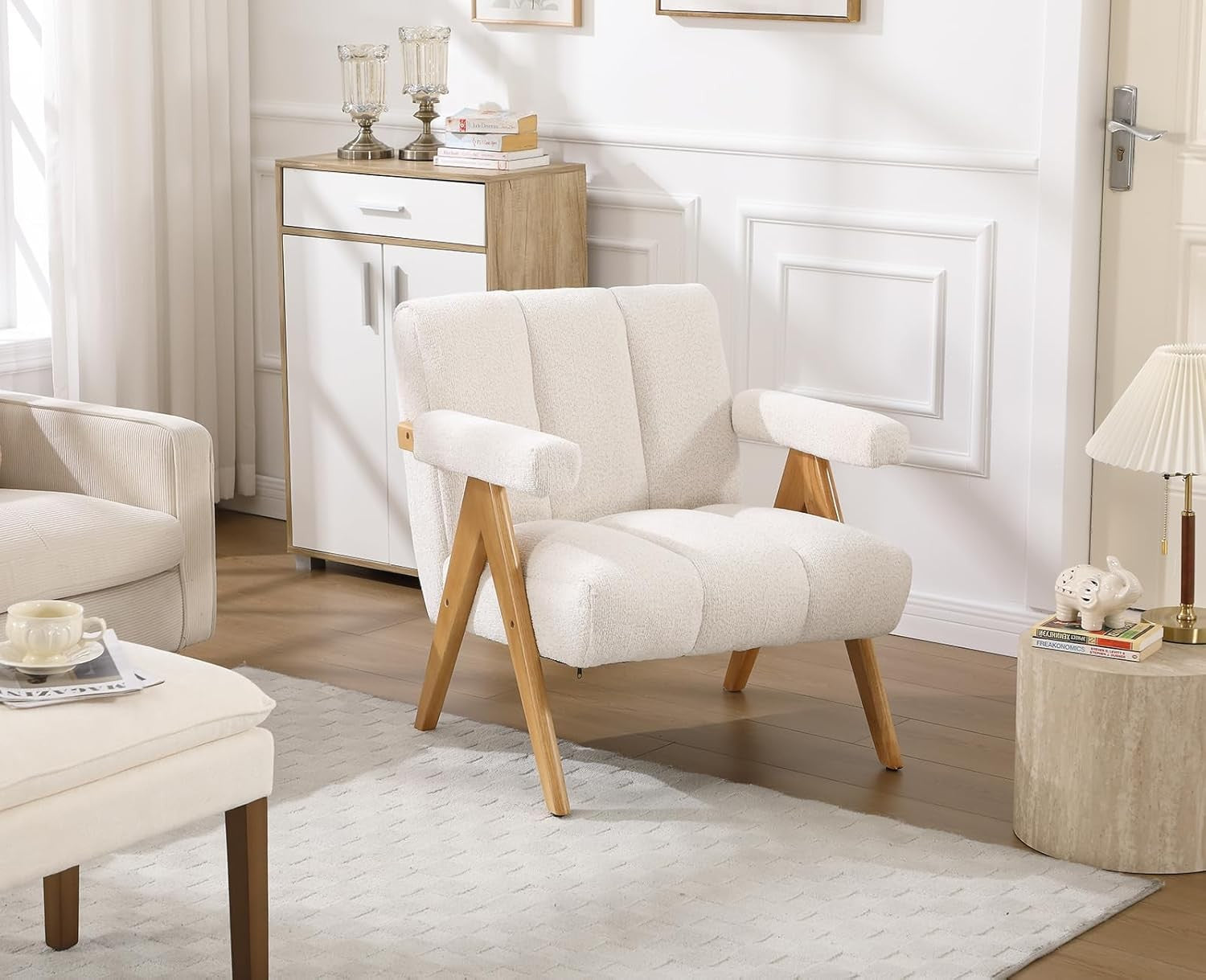 Chenille Accent Armchair Oatmeal Lounge Chair Solid Wood Legs