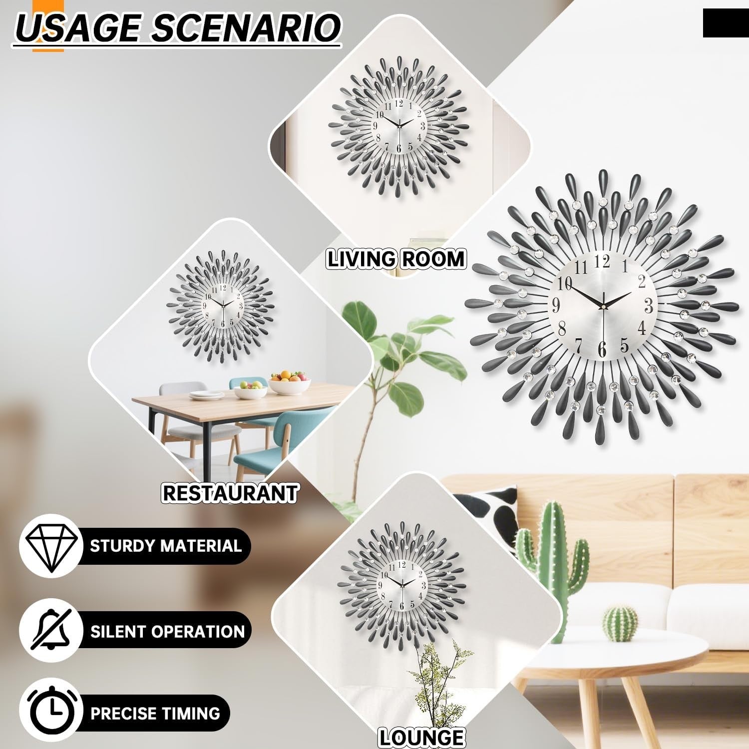 50.8cm Large Diamond Wall Clock – Silent Modern Sunburst Design Black
