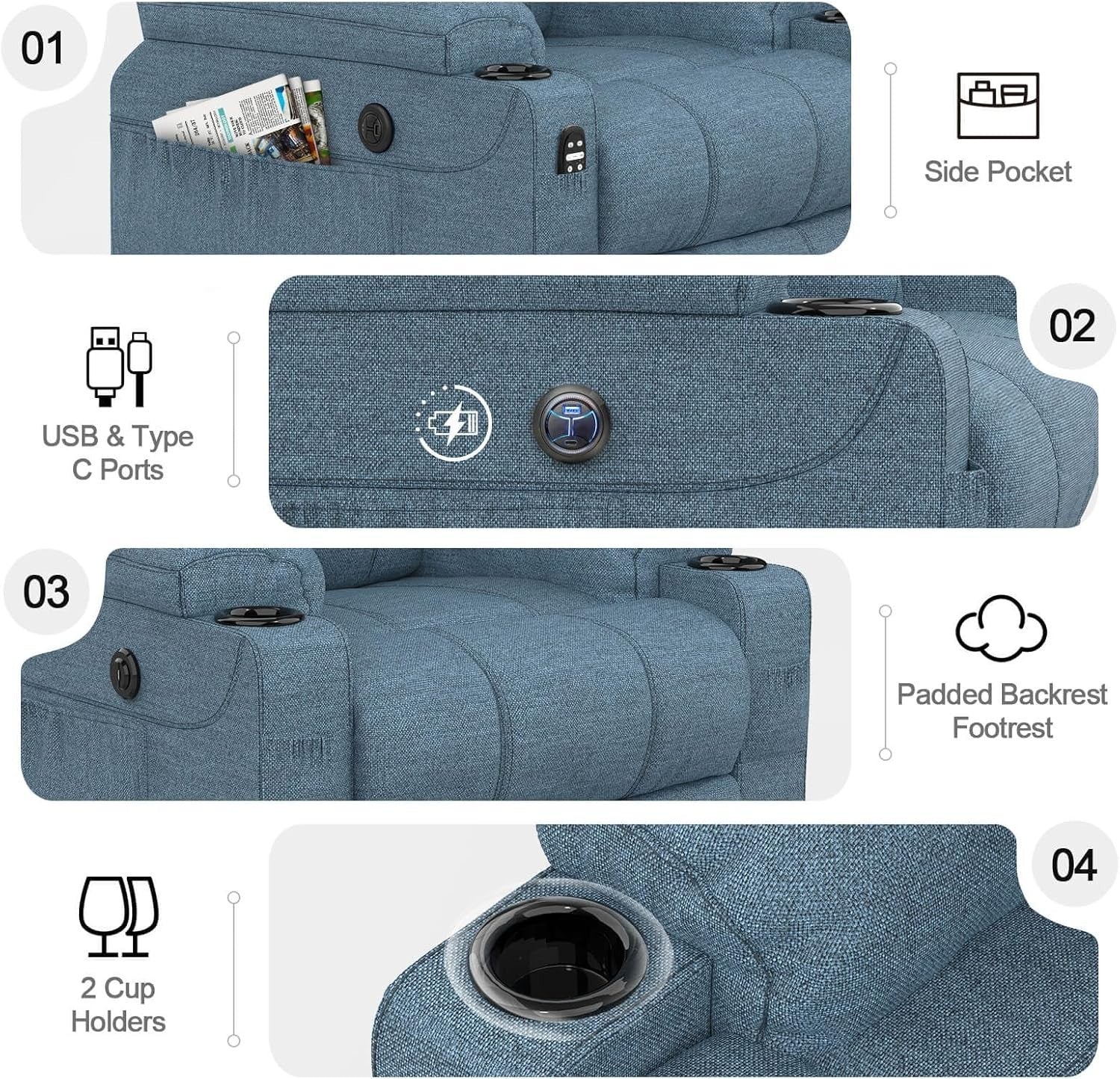 Power Lift Recliner Chair Massage Heat USB Type-C Cup Holders Fabric Blue Grey
