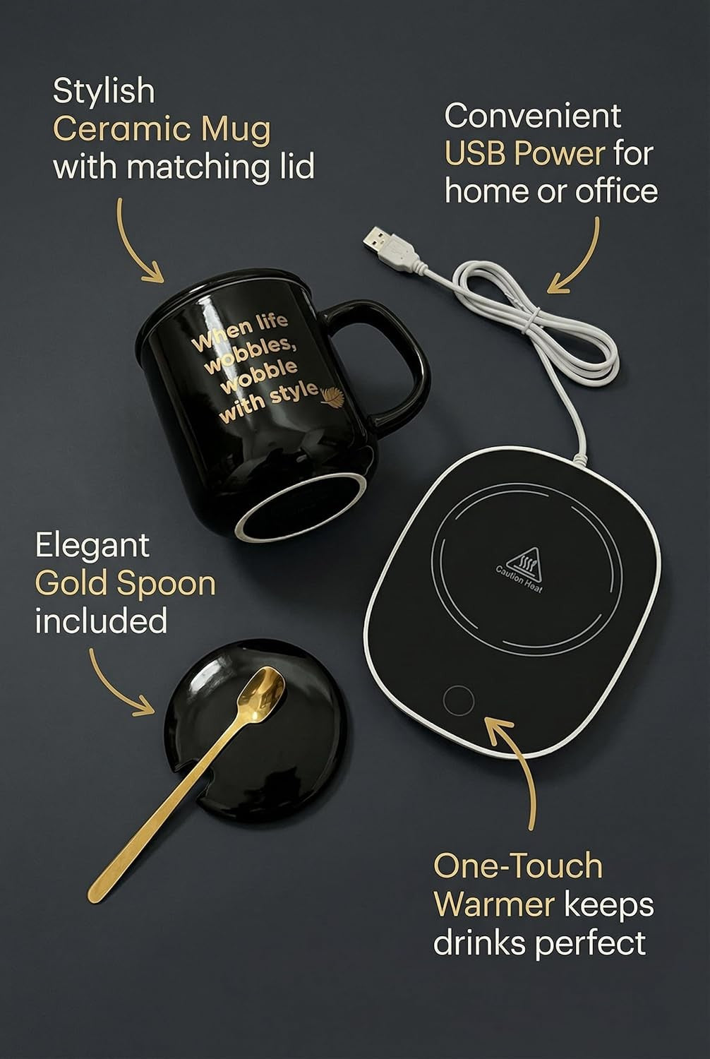 Ceramic Coffee Mug Set with USB Warmer Plate Lid Spoon