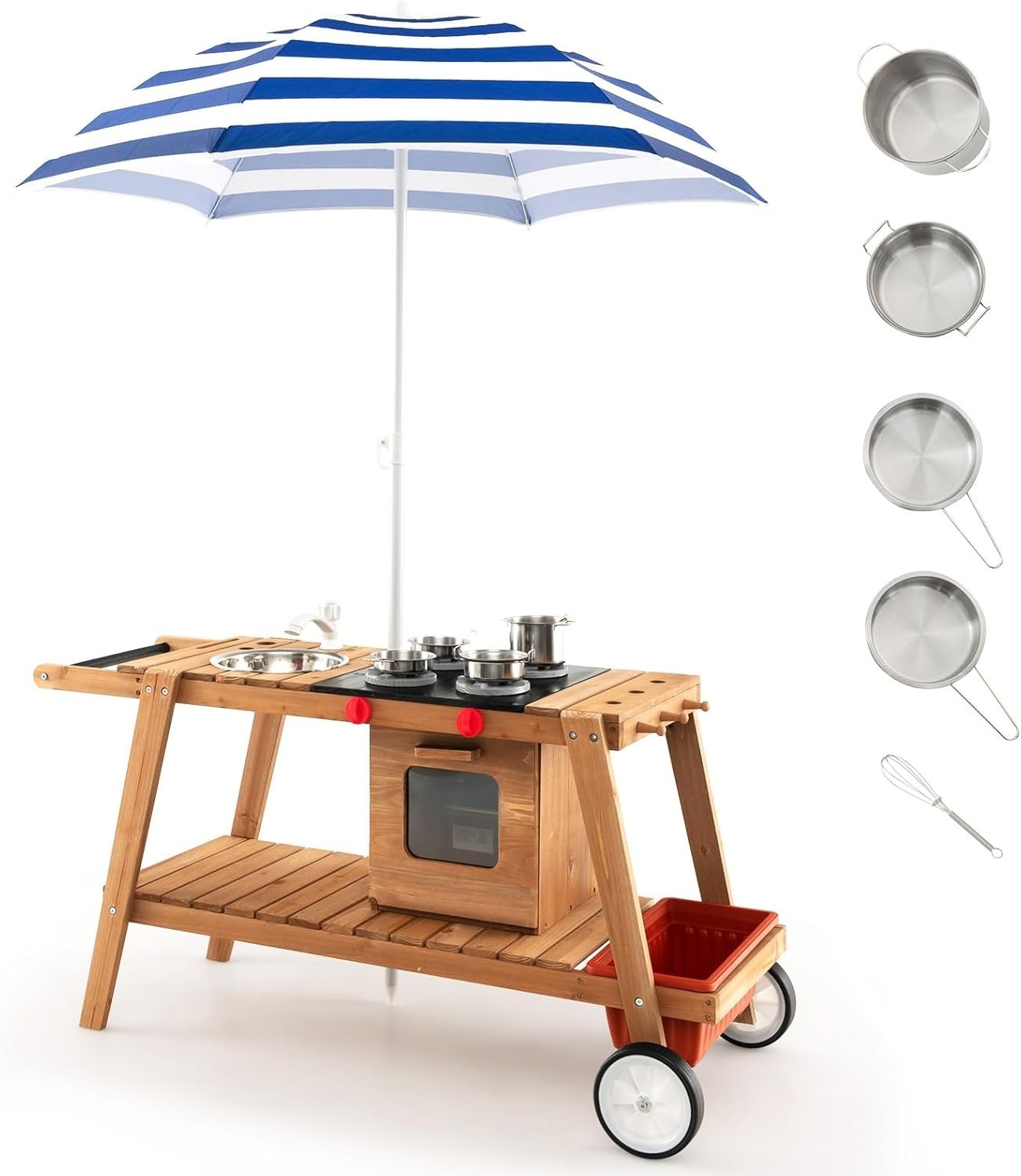 Wooden Mud Kitchen Outdoor Kids Cooking Cart Sink Umbrella Blue Toy