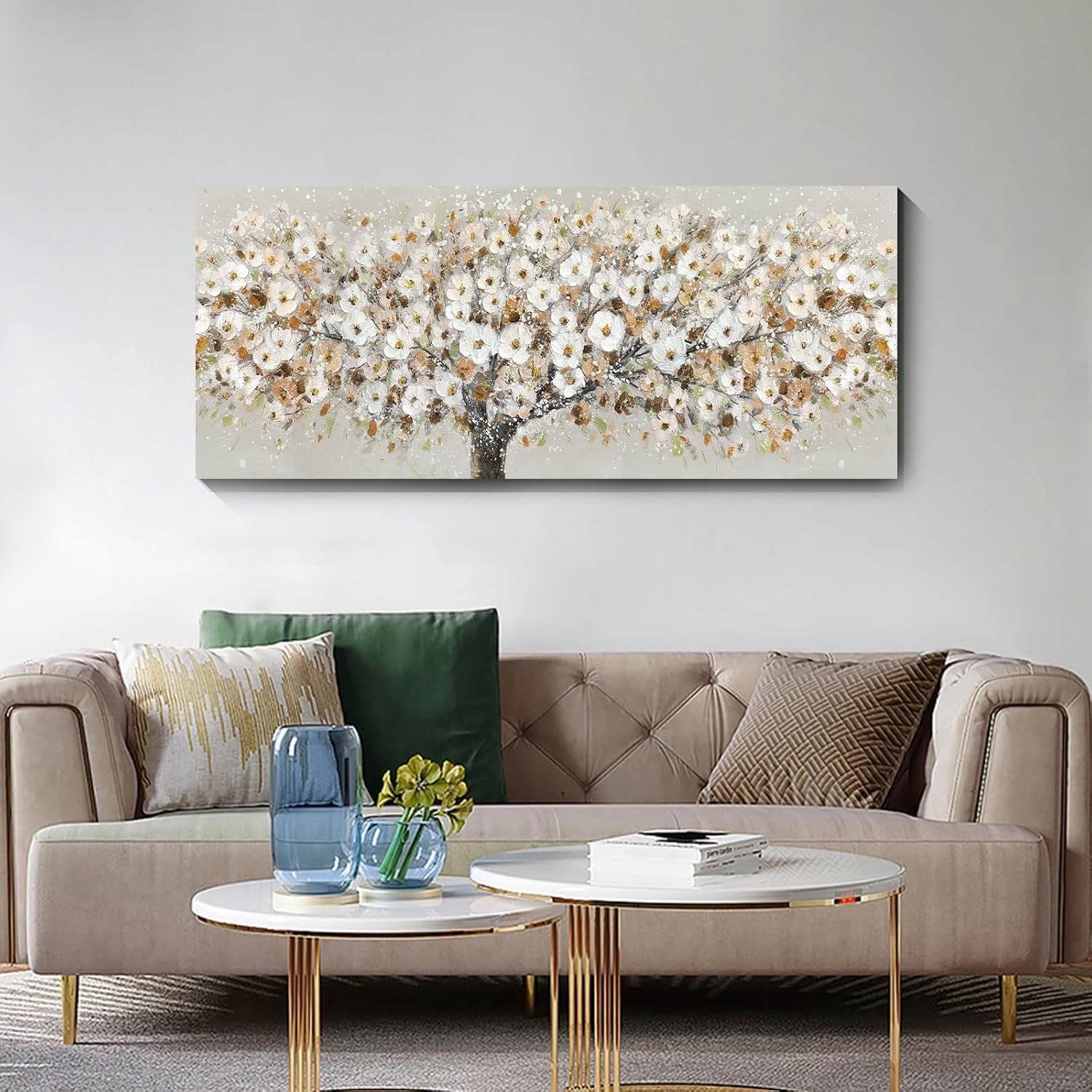 Large White Floral Blossom Canvas Wall Art 120x50cm Modern Living Room Decor