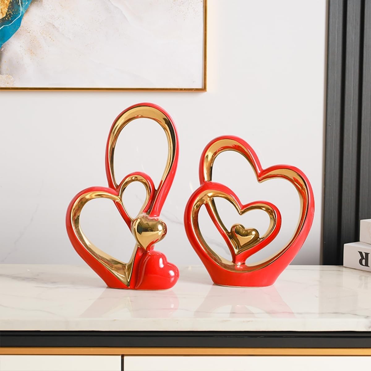 Red Gold Double Heart Ceramic Sculpture Modern Romantic Home Decor Ornament Gift