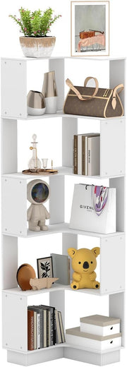 5-Tier Corner Bookshelf White Freestanding Slim Storage Display Unit 175cm