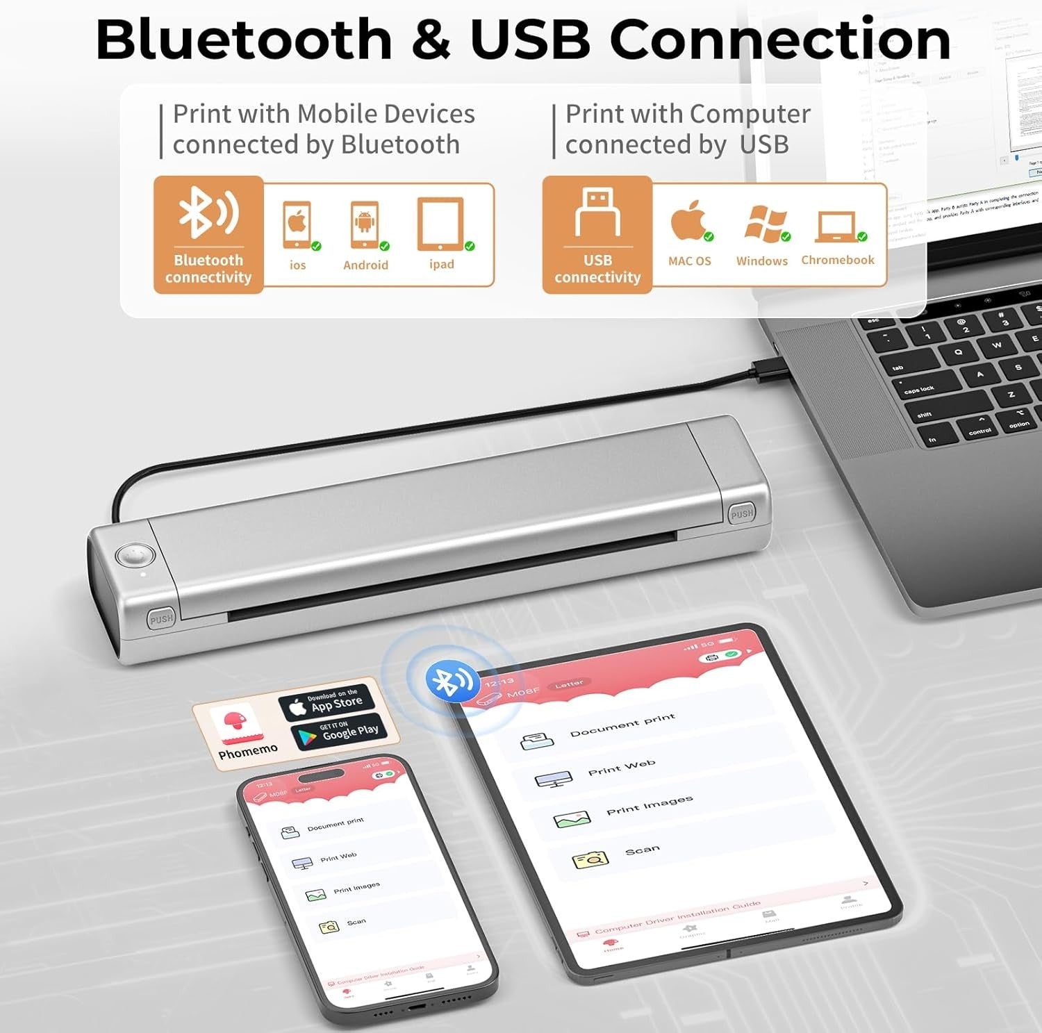 A4 Portable Thermal Printer Bluetooth Inkless Silver