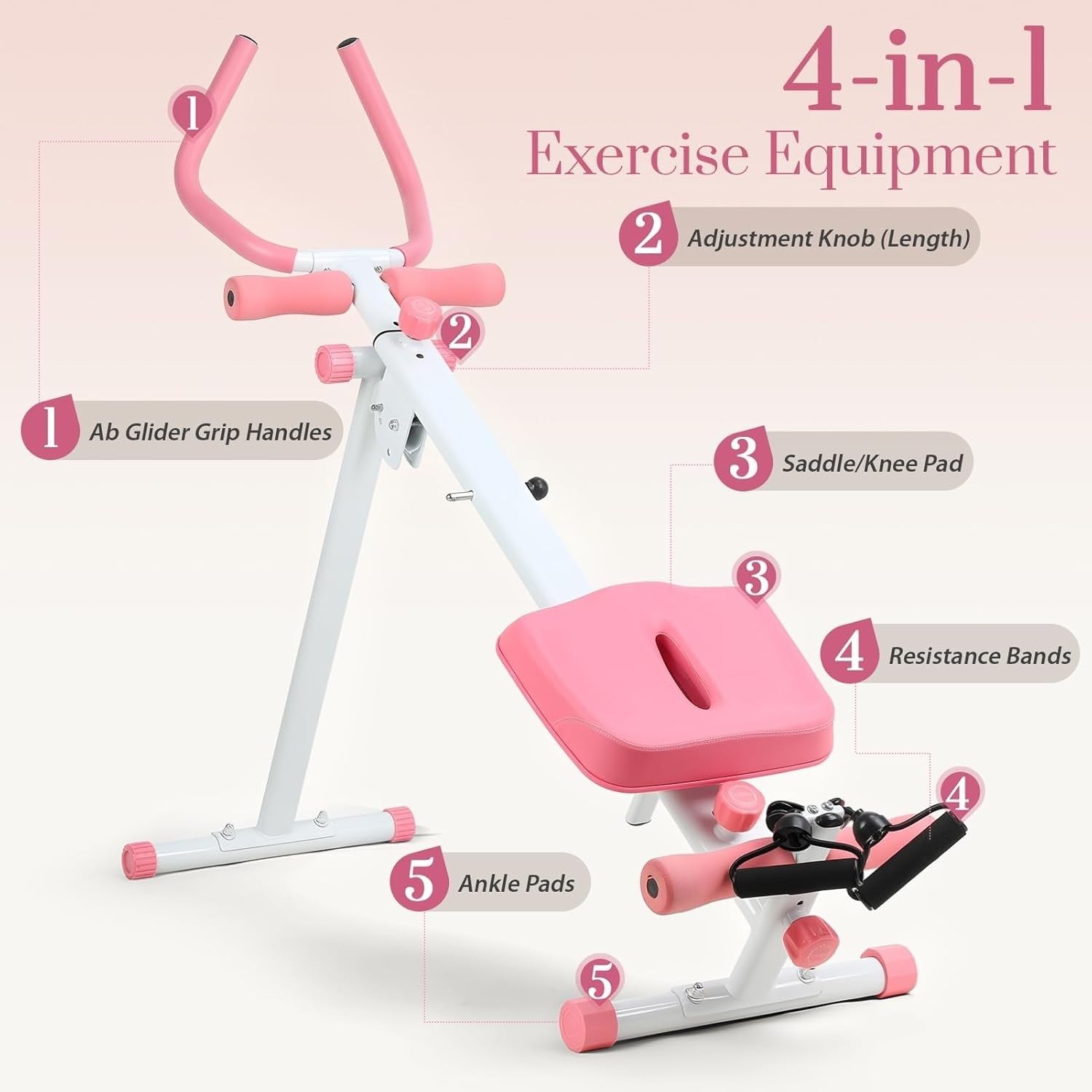 4-in-1 Rowing & Ab Machine Foldable Full Body Trainer Quiet Slide 120KG Pink