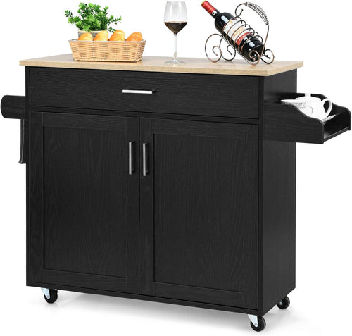 Kitchen Island Cart on Wheels Storage Trolley Cabinet Drawer Wood Top