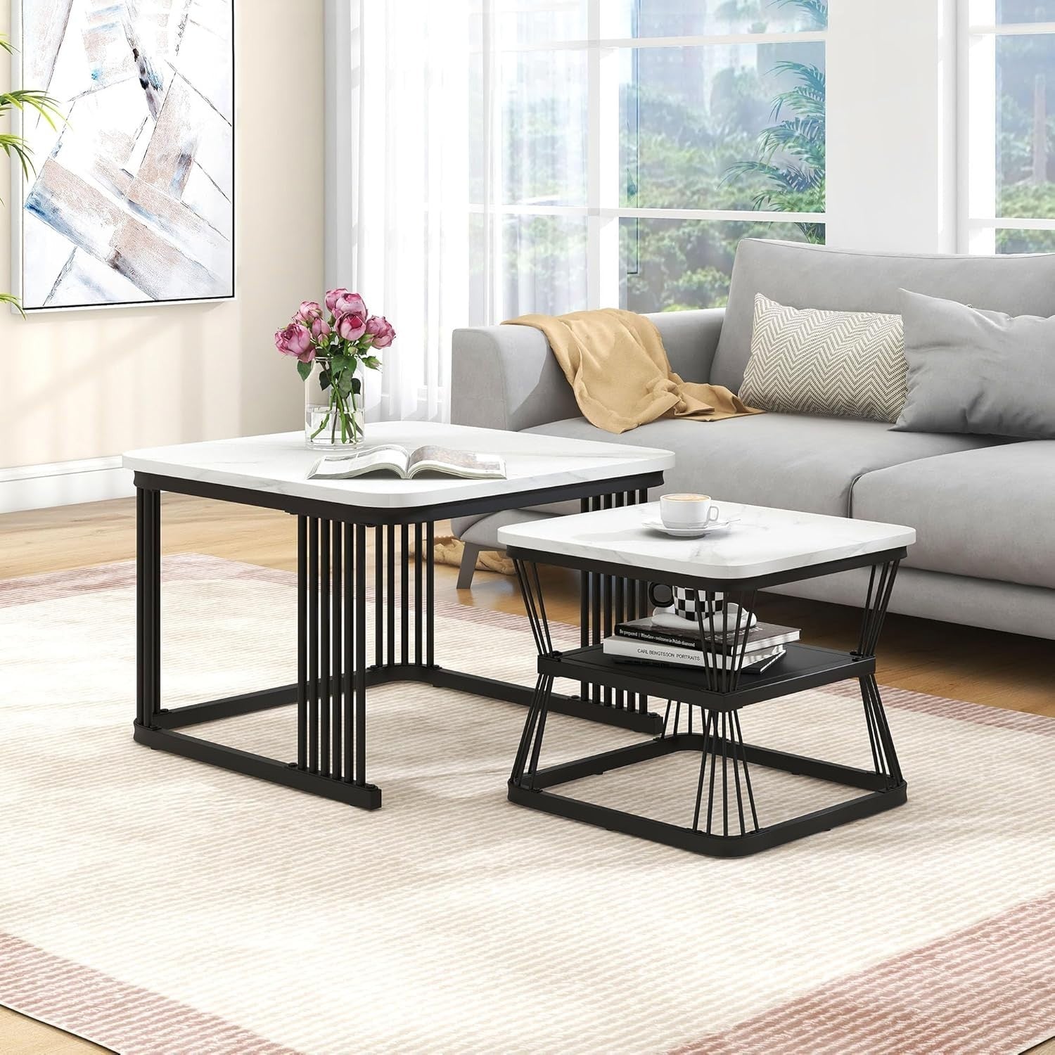 Nesting Coffee Table Set of 2 Square Modern End Side Tables Wood Top Metal Frame
