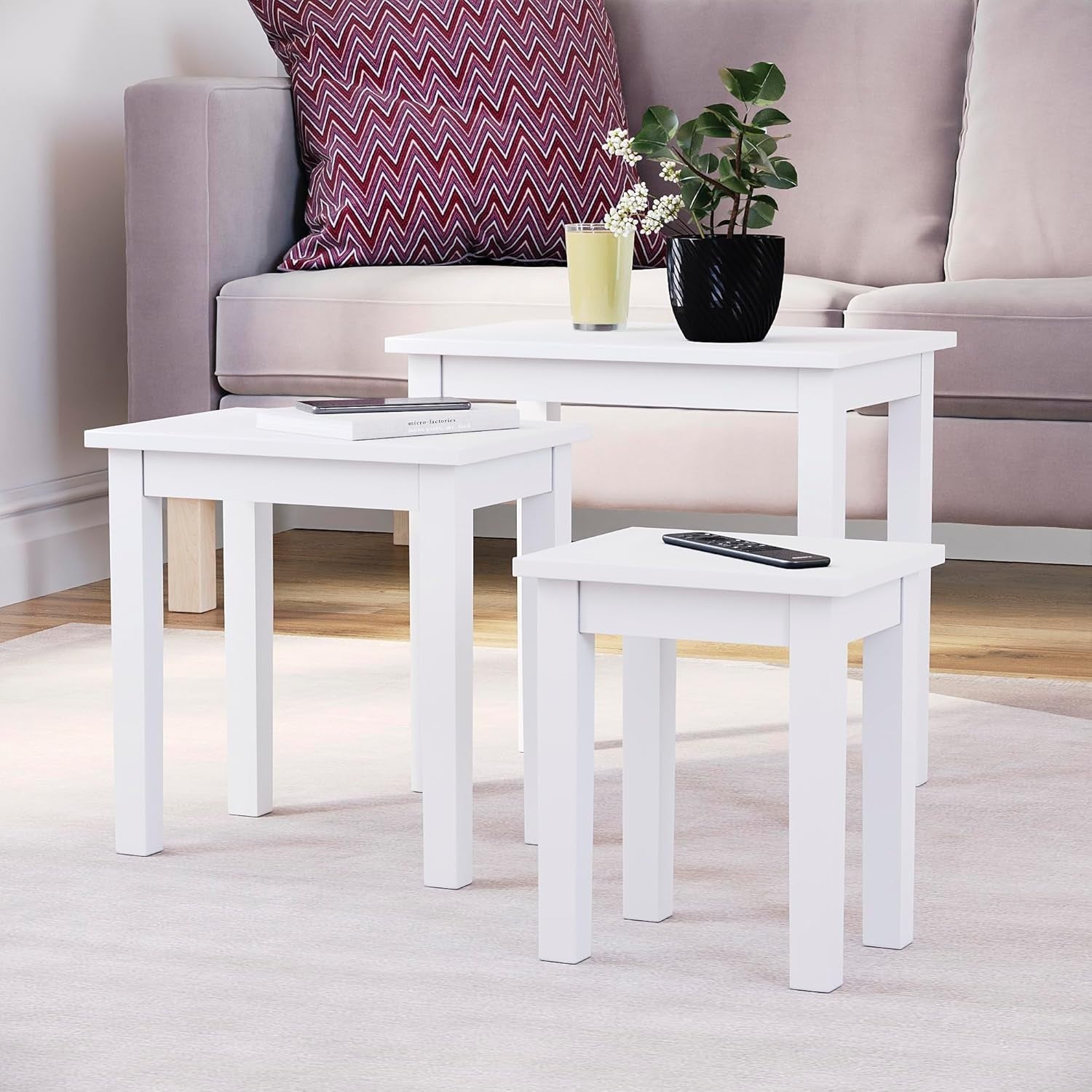 White Nesting Tables Set of 3 Modern Side End Coffee Table Wood Metal Frame