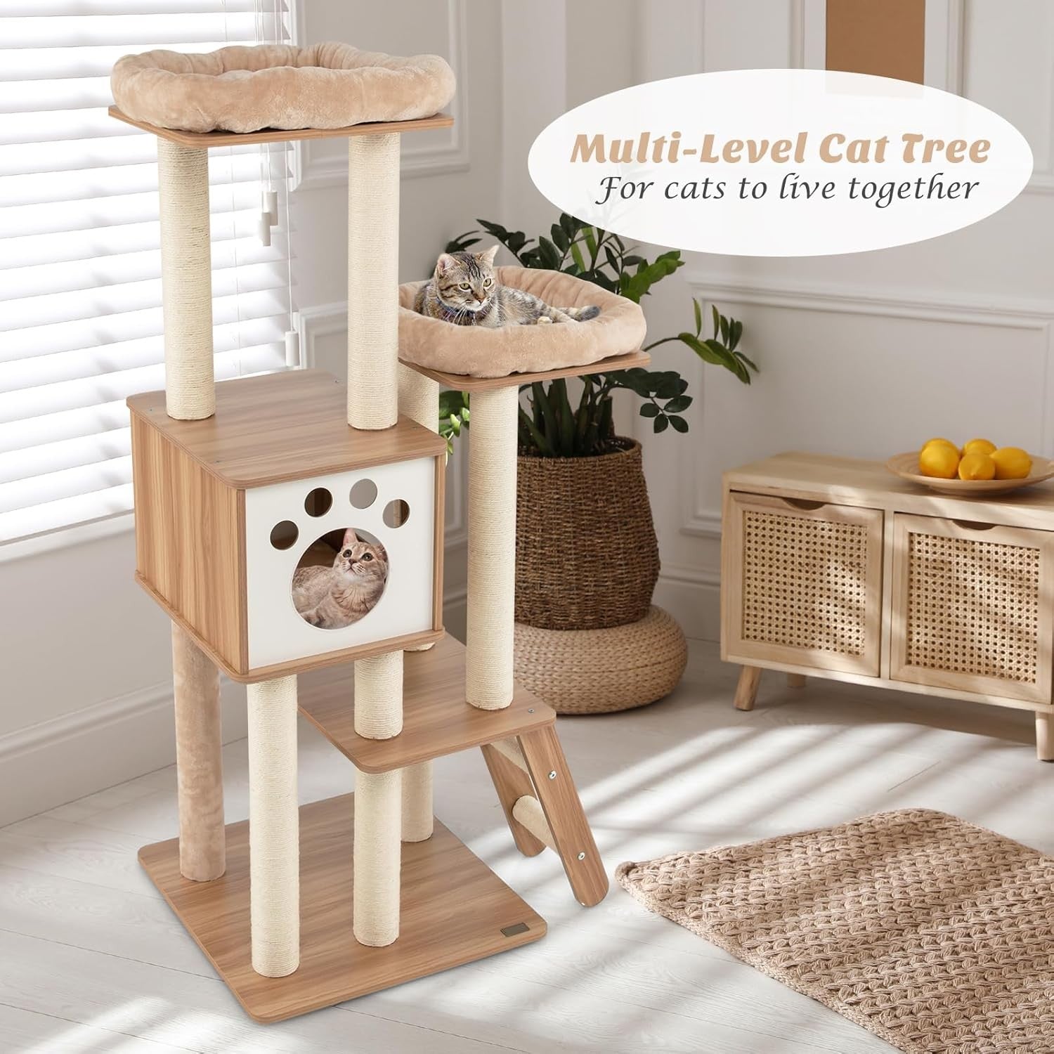157cm Wooden Cat Tree Beige Tall Tower with Condo Perch Ladder & Sisal Posts