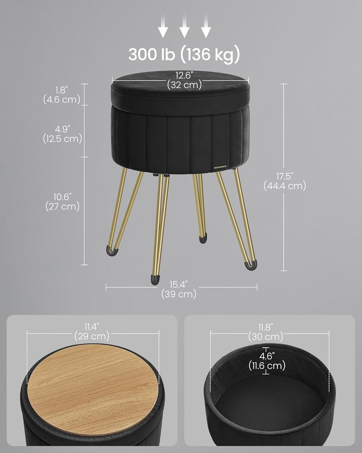 Ink Black Velvet Storage Ottoman Round Stool Dressing Table Seat 39cm