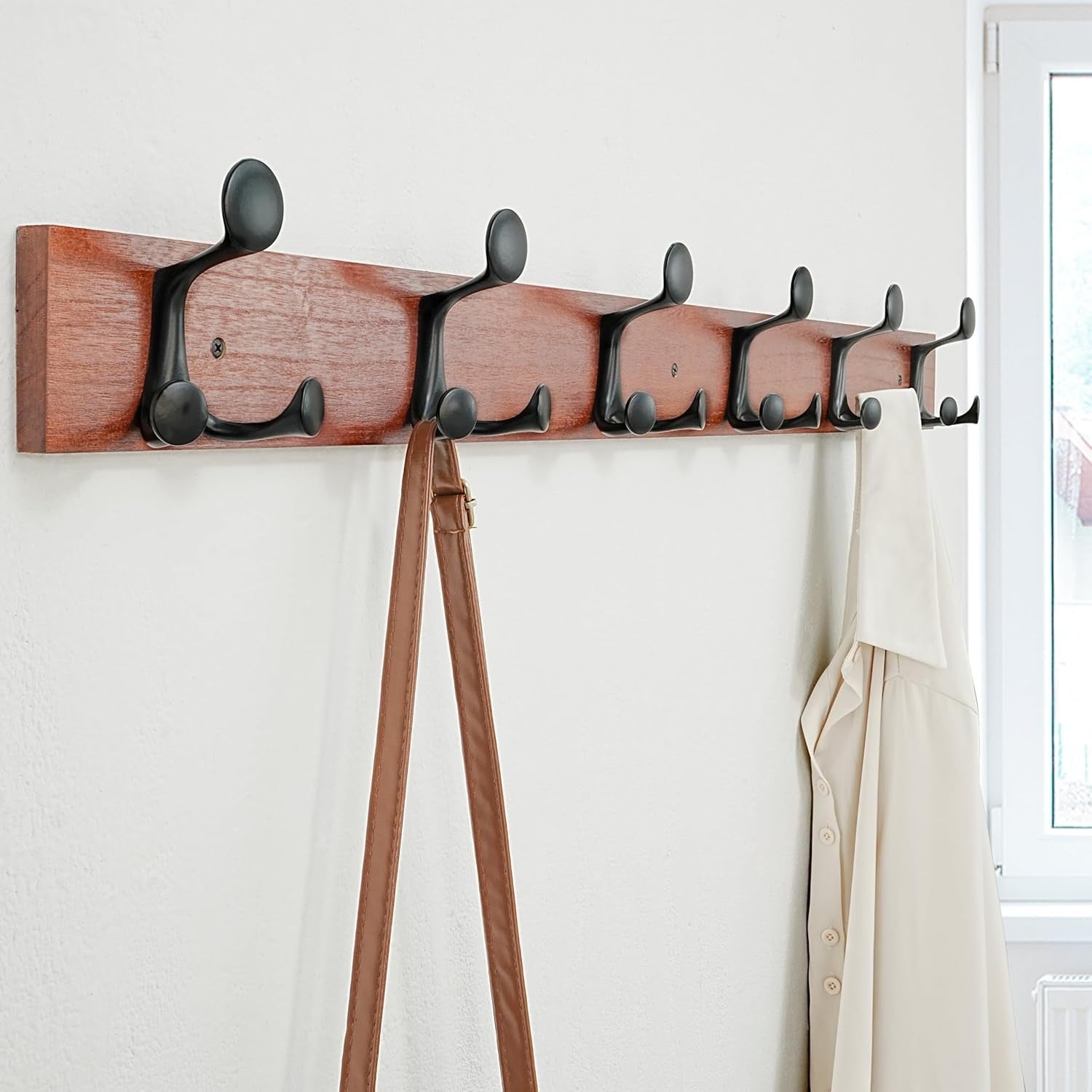 Cherry Wood Wall Coat Rack 6 Triple Hooks | 99cm Modern Hanging Rail