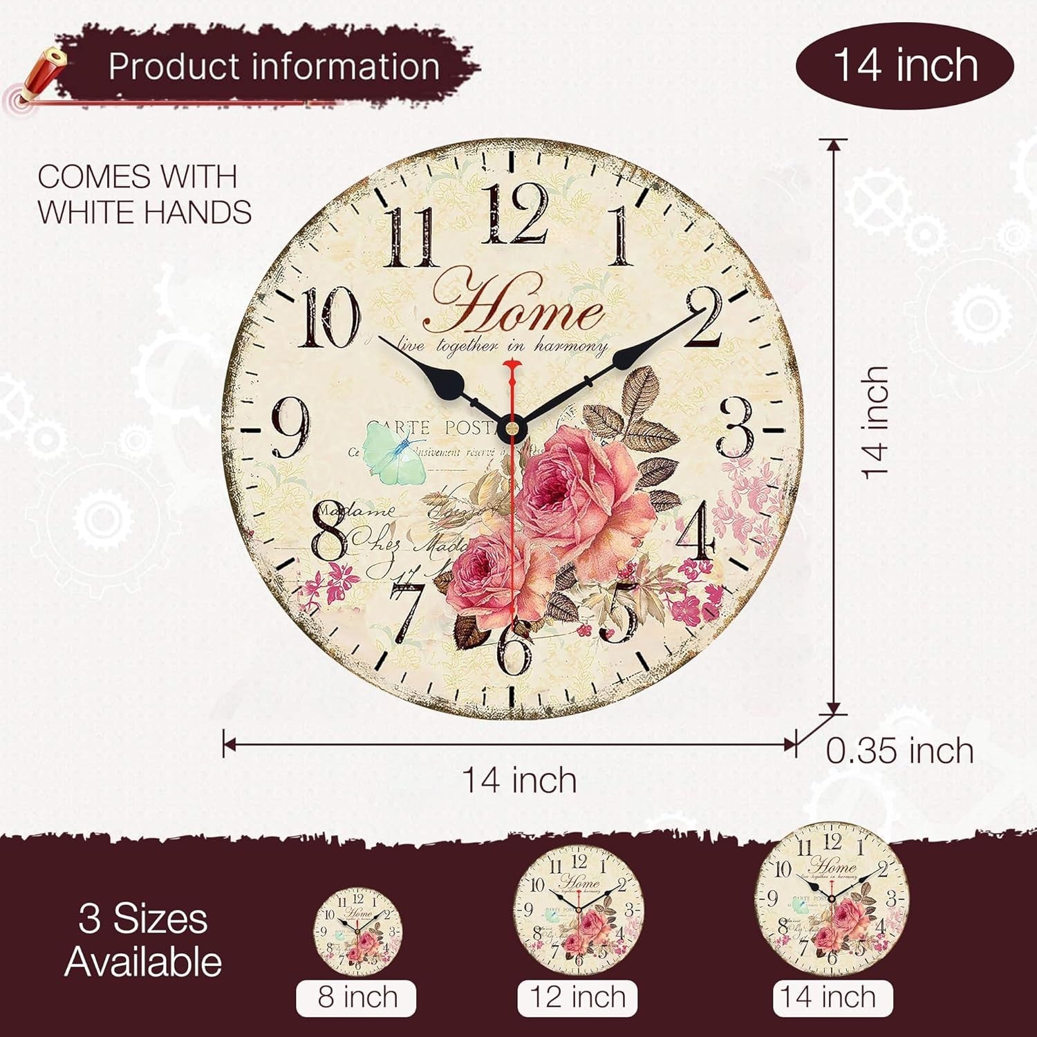 14” Vintage Floral Wall Clock Silent Non-Ticking Wooden Retro Arabic Numerals De