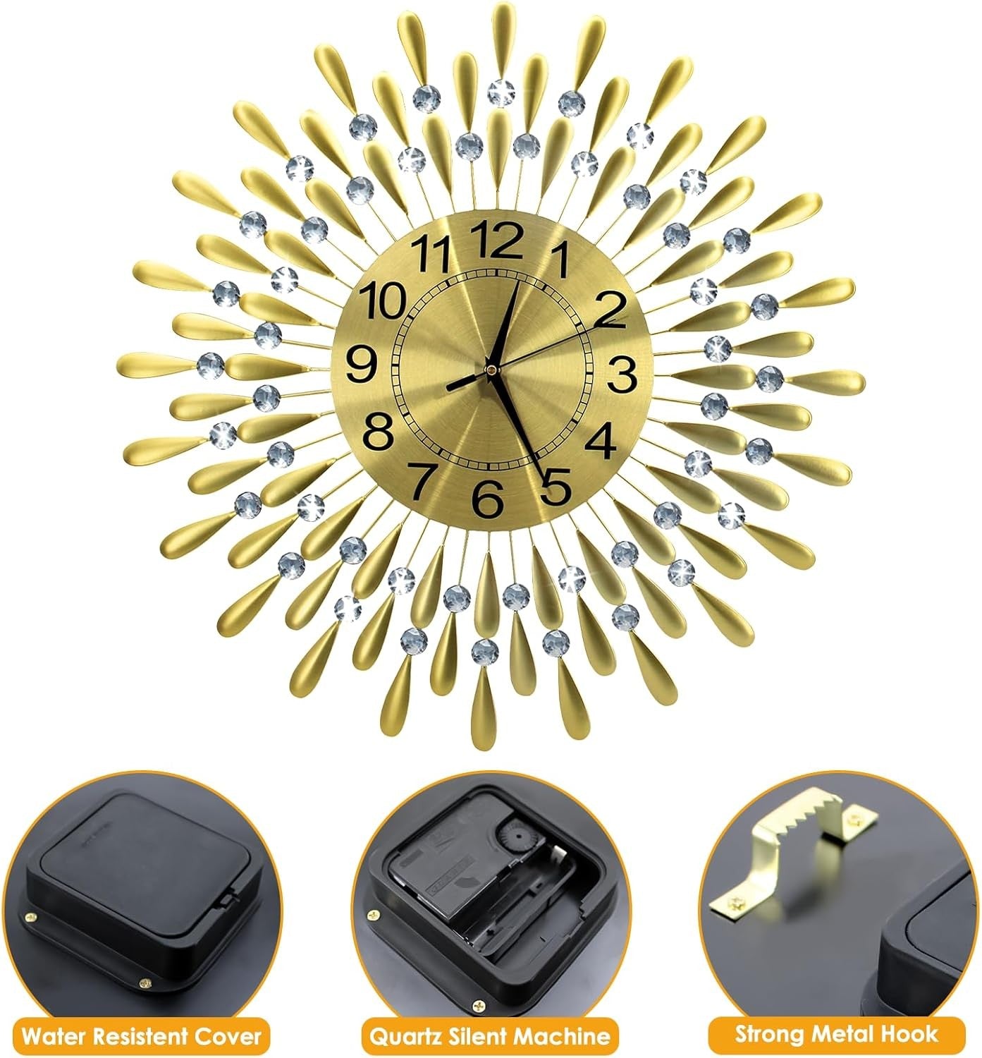 60cm Golden Sunburst Wall Clock – Luxury Diamante Beaded Metal Design