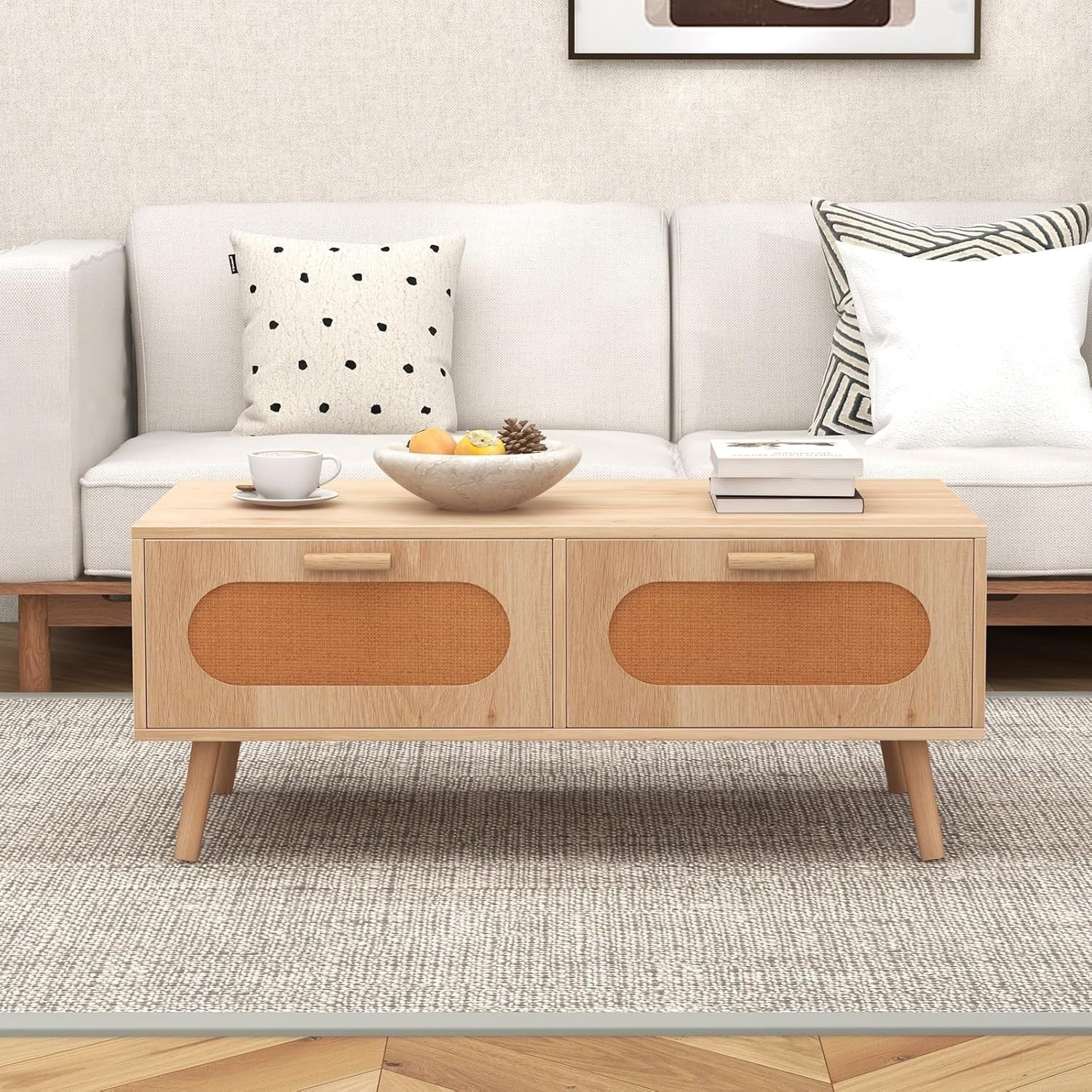 Wooden Coffee Table with 2 Rattan Drawers Storage & Solid Wood Legs 100x50x41cm