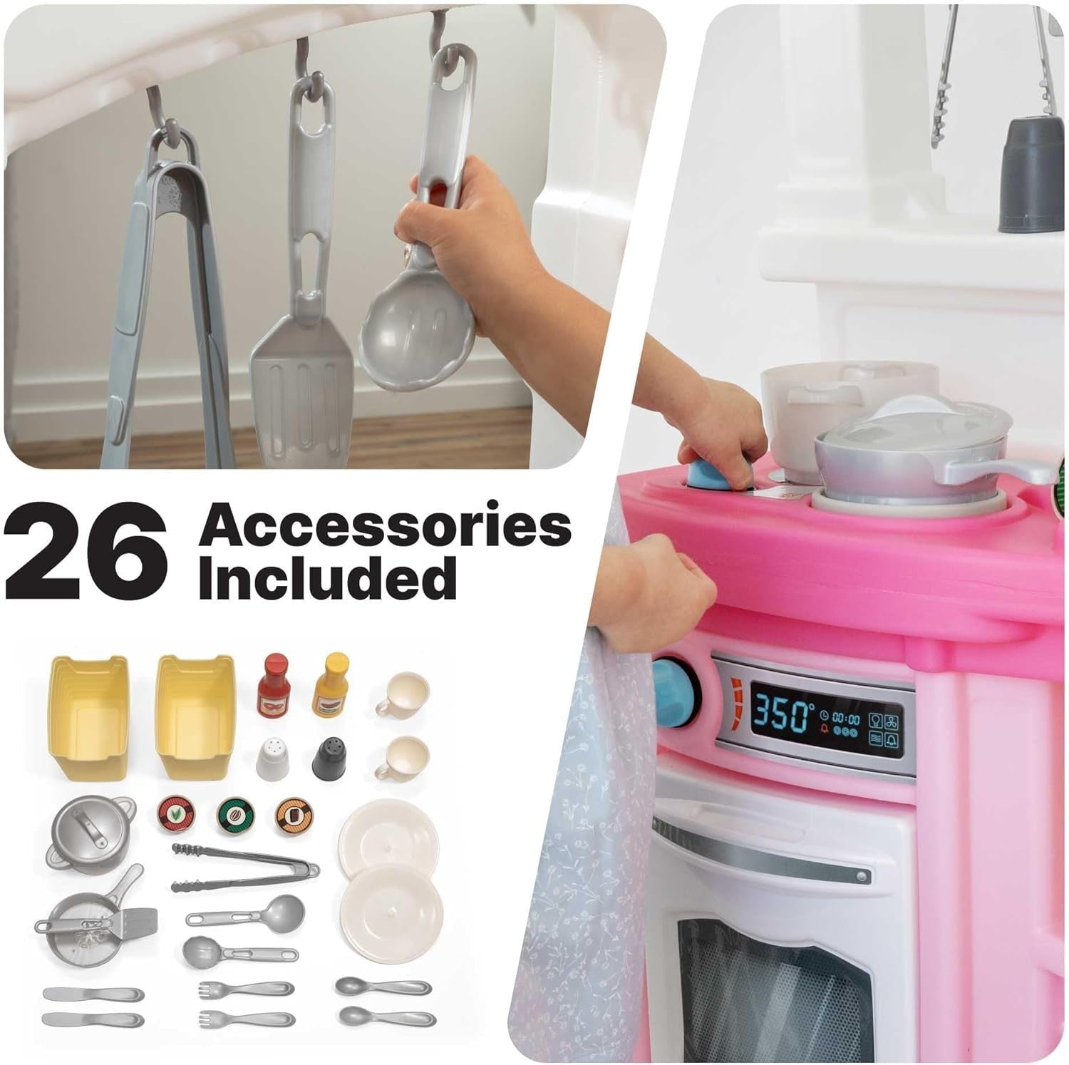 Kids Play Kitchen Set w/ Lights Sounds 25PCS Pink Toy Kitchen
