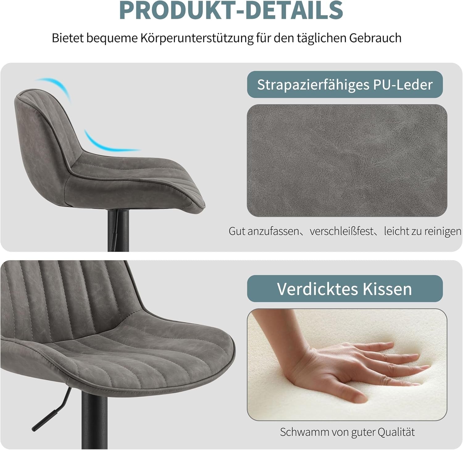 Grey Bar Stools Set of 2 | Memory Foam PU Seat, Adjustable Swivel, Oval