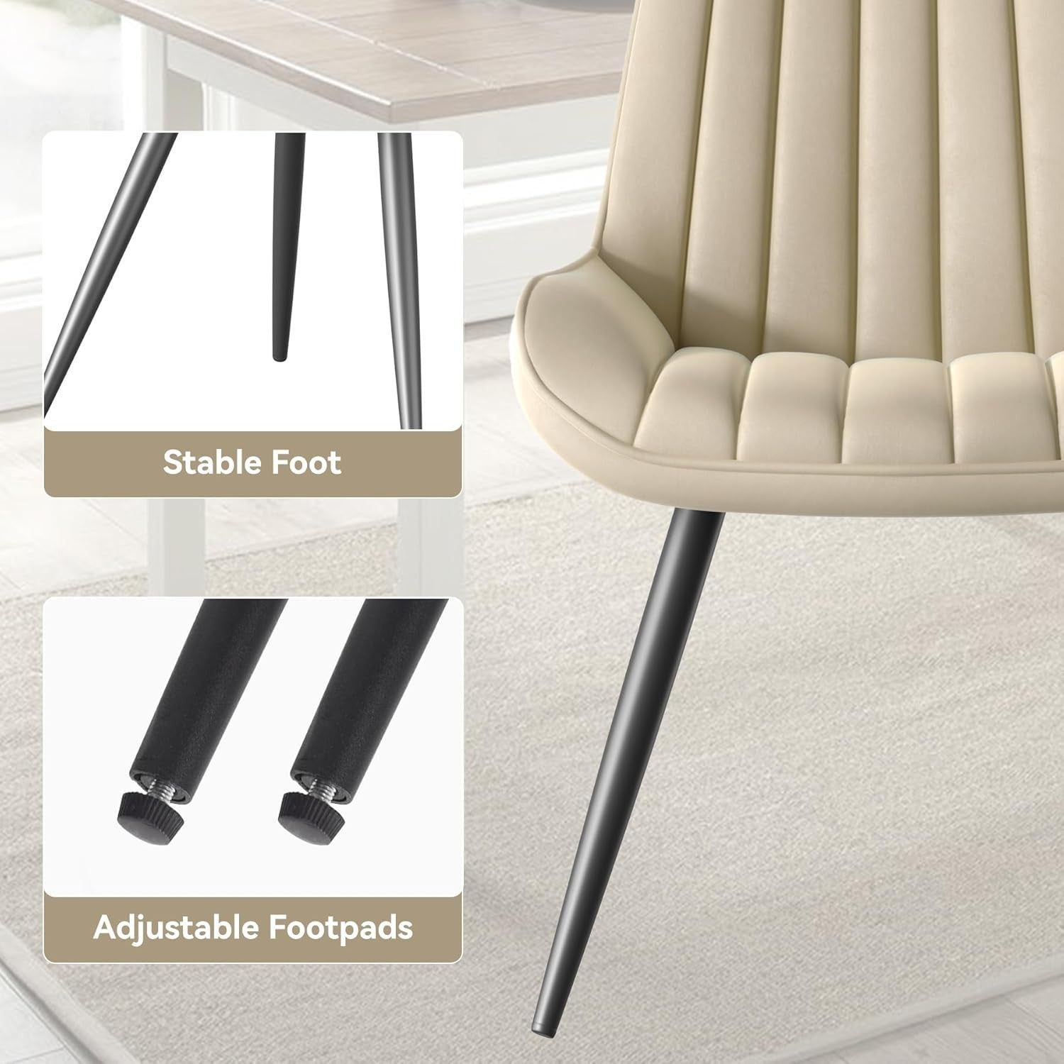 4 Beige Dining Chairs Upholstered Fabric Metal Legs Modern Padded Seat