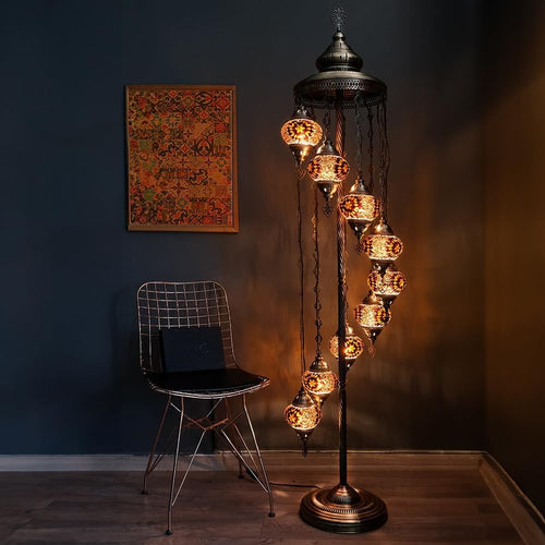 Turkish Mosaic Floor Lamp 9 Globe Standing Light Daisy Brown 70in Boho