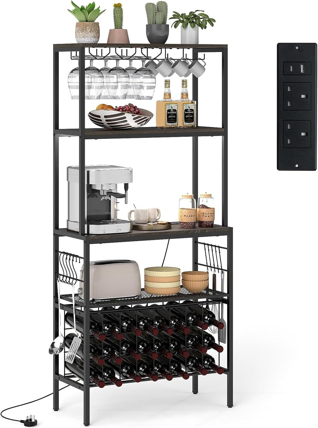 4 Tier Wine Rack Bar Cabinet with Power Outlets, 24 Bottle Storage