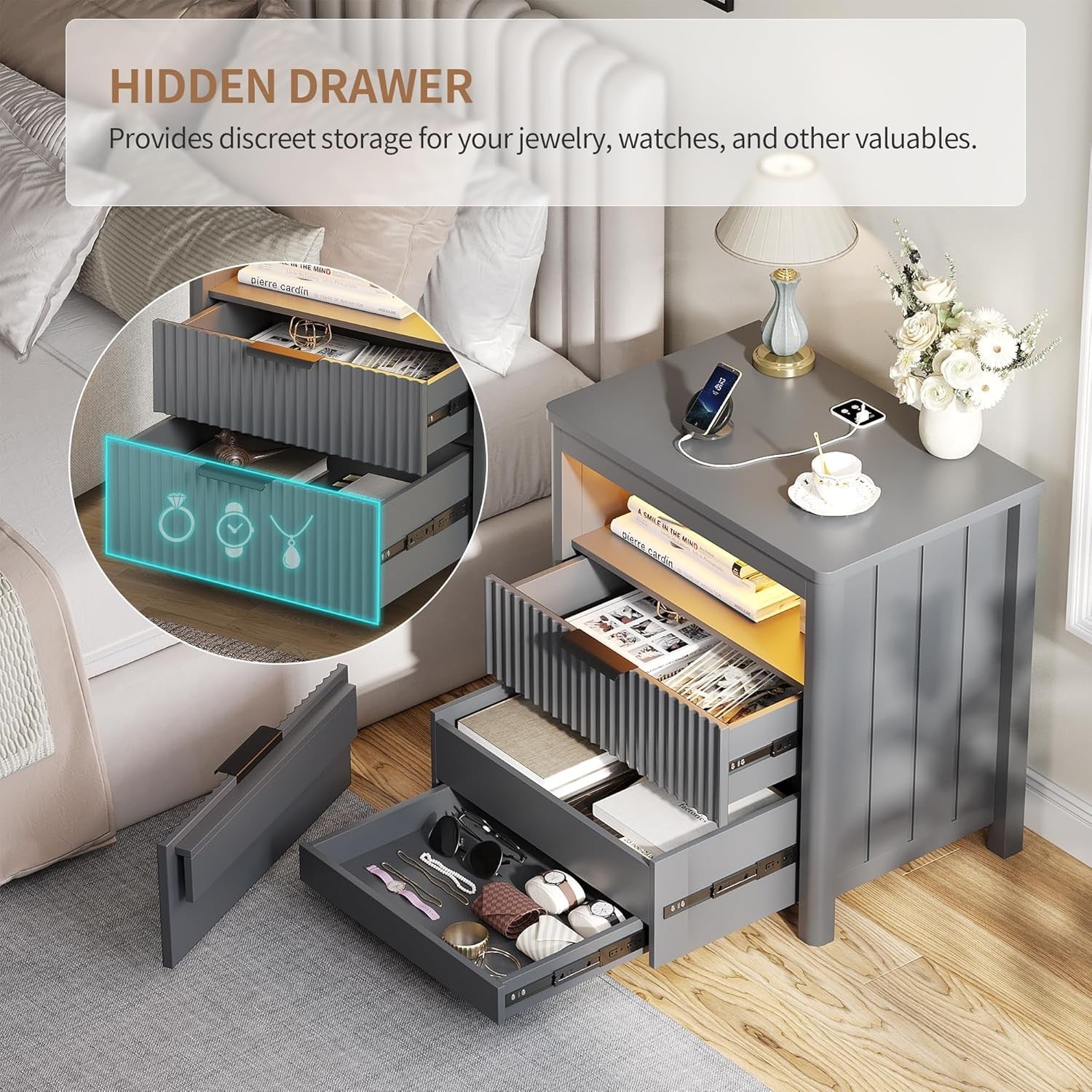 Set of 2 Grey 24" Bedside Tables with Charging Station, LED Light & 3 Drawers