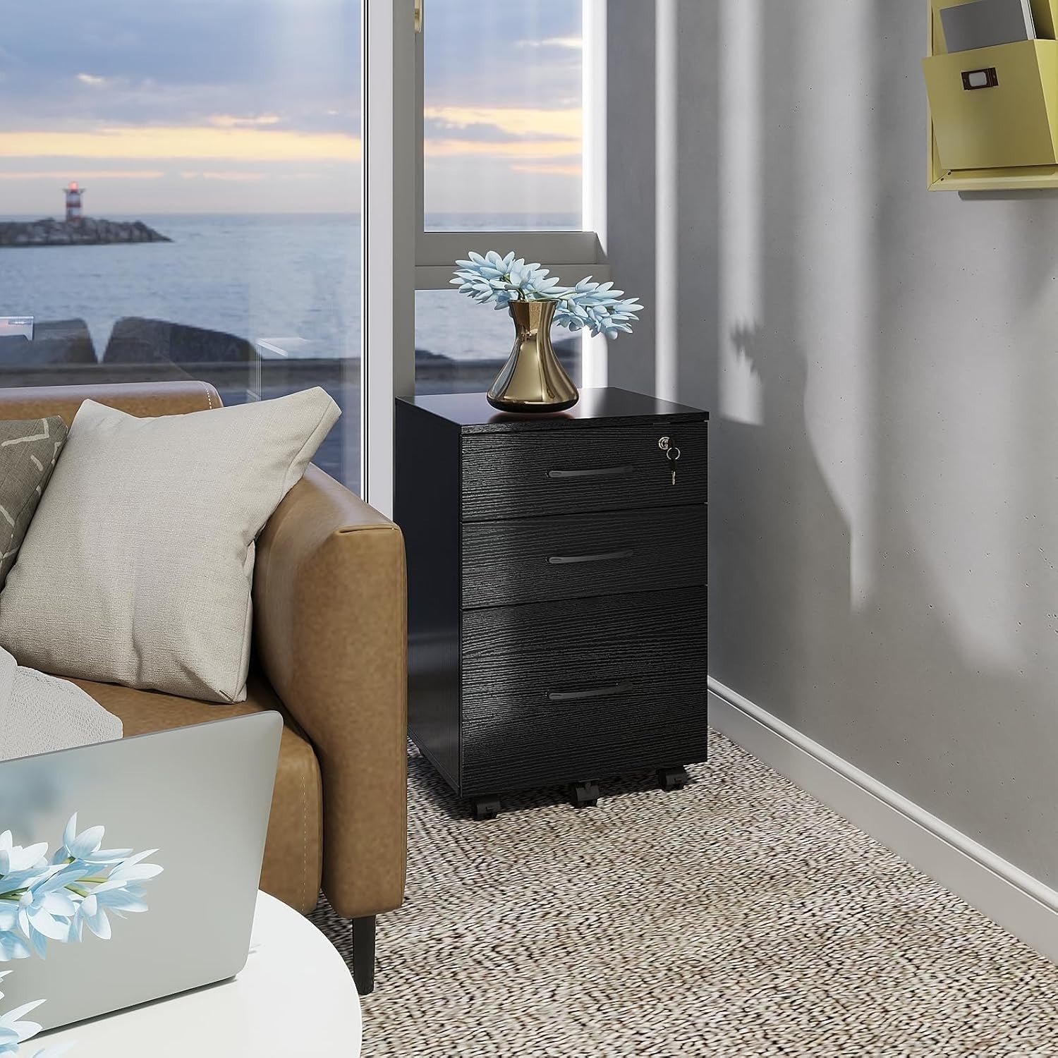 Black Locking Rolling File Cabinet 3 Drawer Under Desk Storage