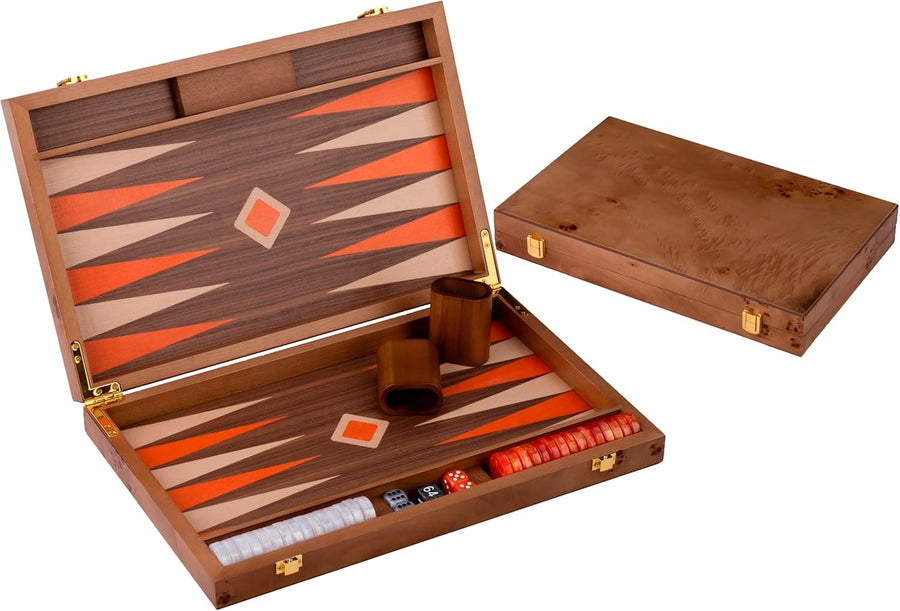 Luxury Wooden Backgammon Set 15 Inch Folding Board Walnut Case Dice Cups