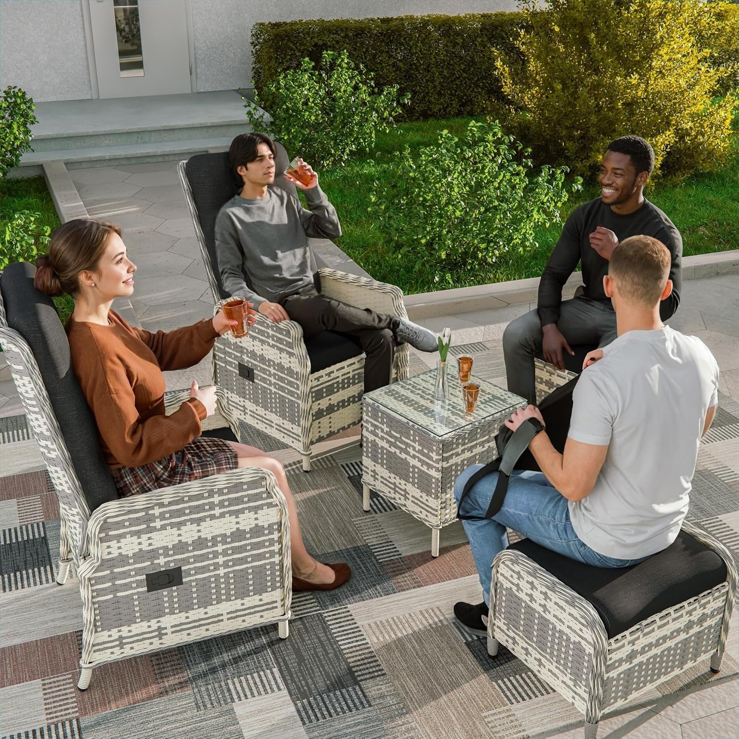 Adjustable Rattan Recliner Patio Set Chairs Stools Coffee Table Outdoor Black