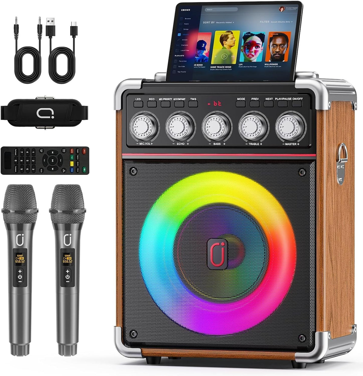 Bluetooth 5.3 Karaoke Machine with 2 Wireless Mics RGB PA